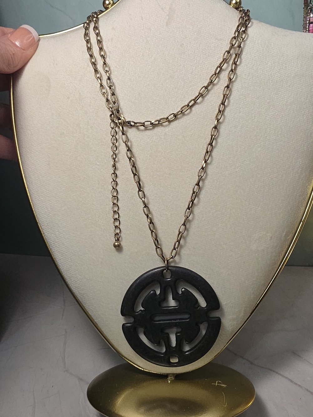 Gold Chain Necklace with Black Circular Pendant